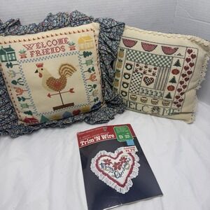 2 Vintage Welcome Rooster Cross Stitch Pillow Ruffled Grannycore Cottagecore +